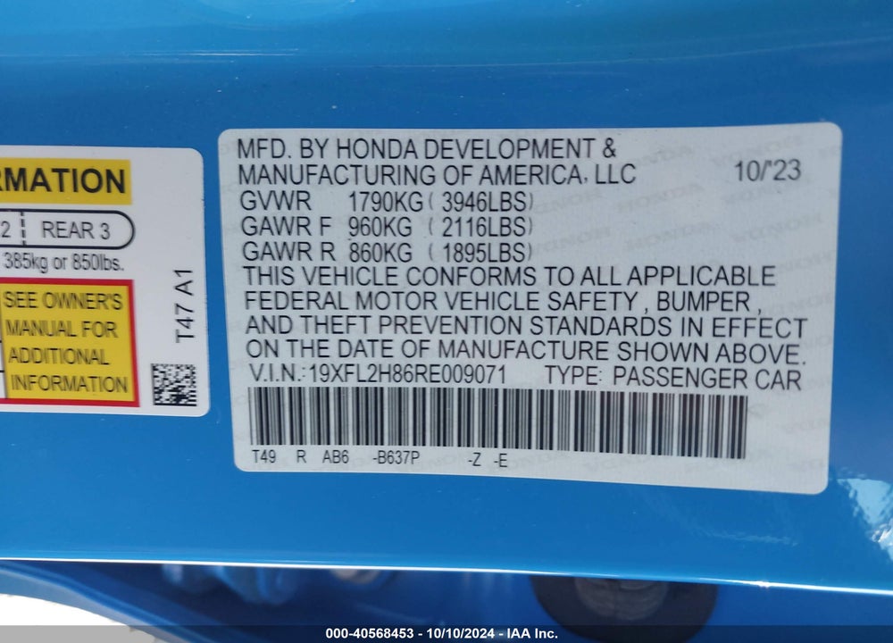 2024 HONDA CIVIC SPORT VIN: 19XFL2H86RE009071