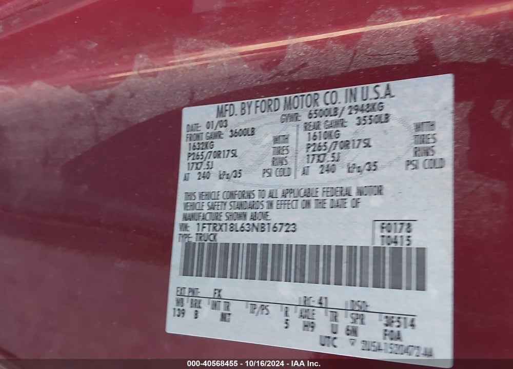2003 FORD F-150 LARIAT/XL/XLT VIN: 1FTRX18L63NB16723