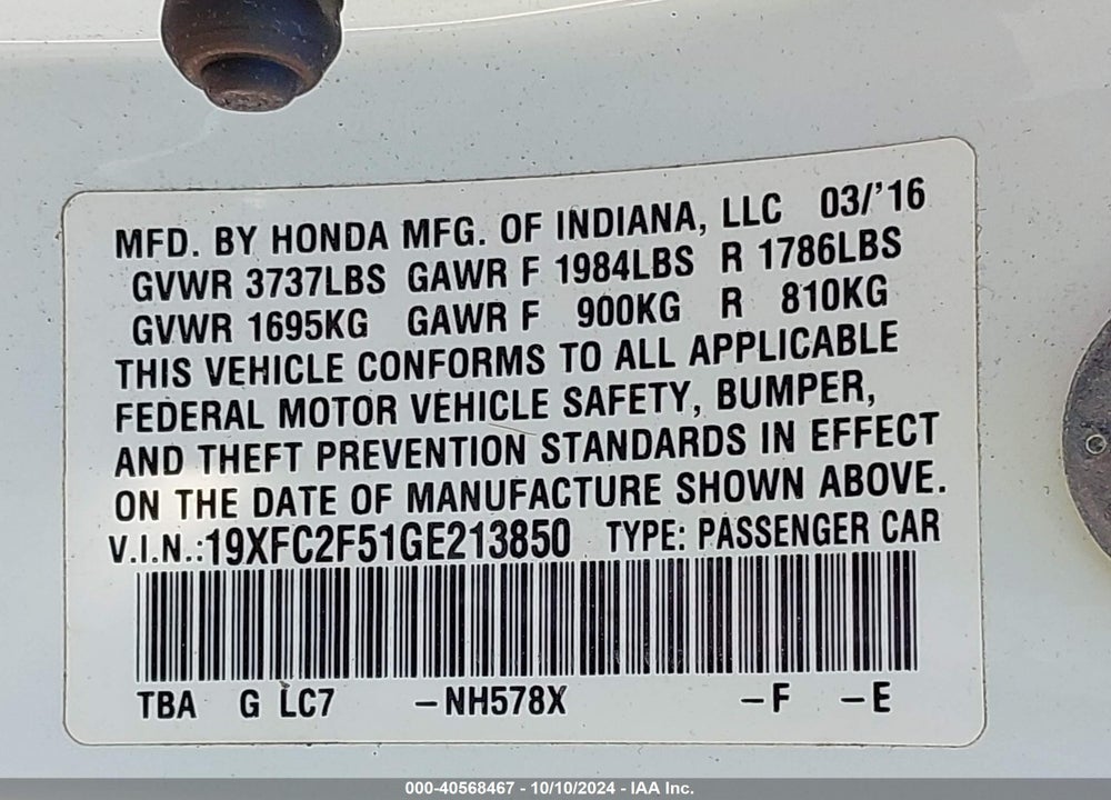 2016 HONDA CIVIC LX VIN: 19XFC2F51GE213850