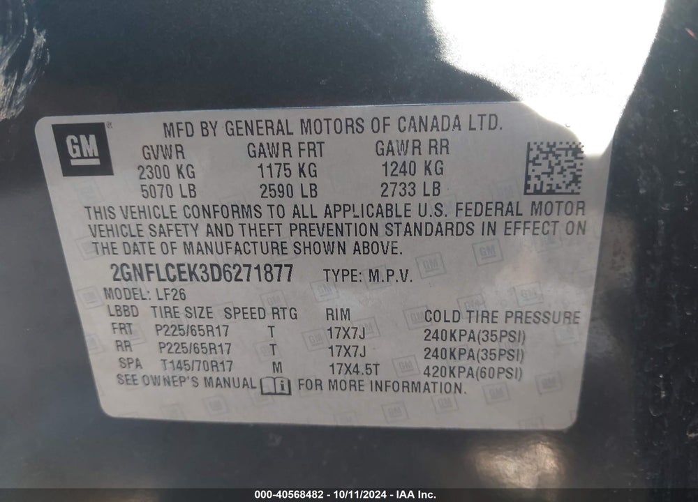 2013 CHEVROLET EQUINOX LS VIN: 2GNFLCEK3D6271877