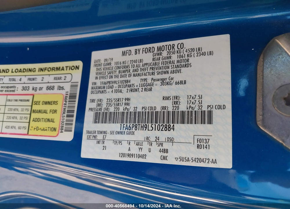 2020 FORD MUSTANG ECOBOOST VIN: 1FA6P8TH9L5102884