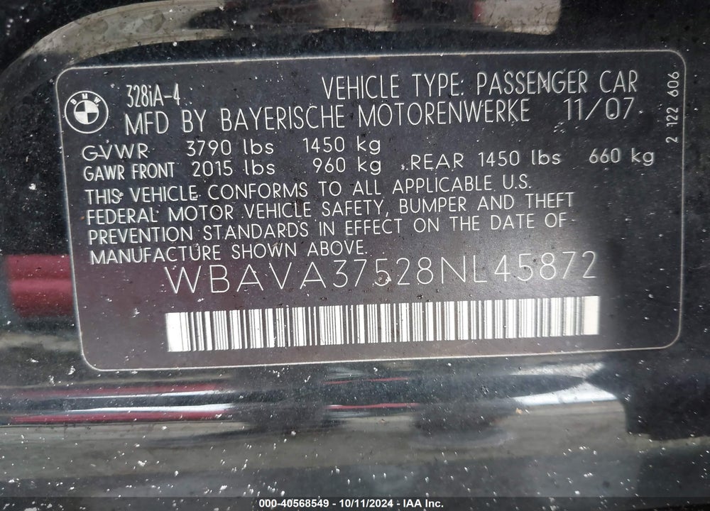 2008 BMW 328I VIN: WBAVA37528NL45872
