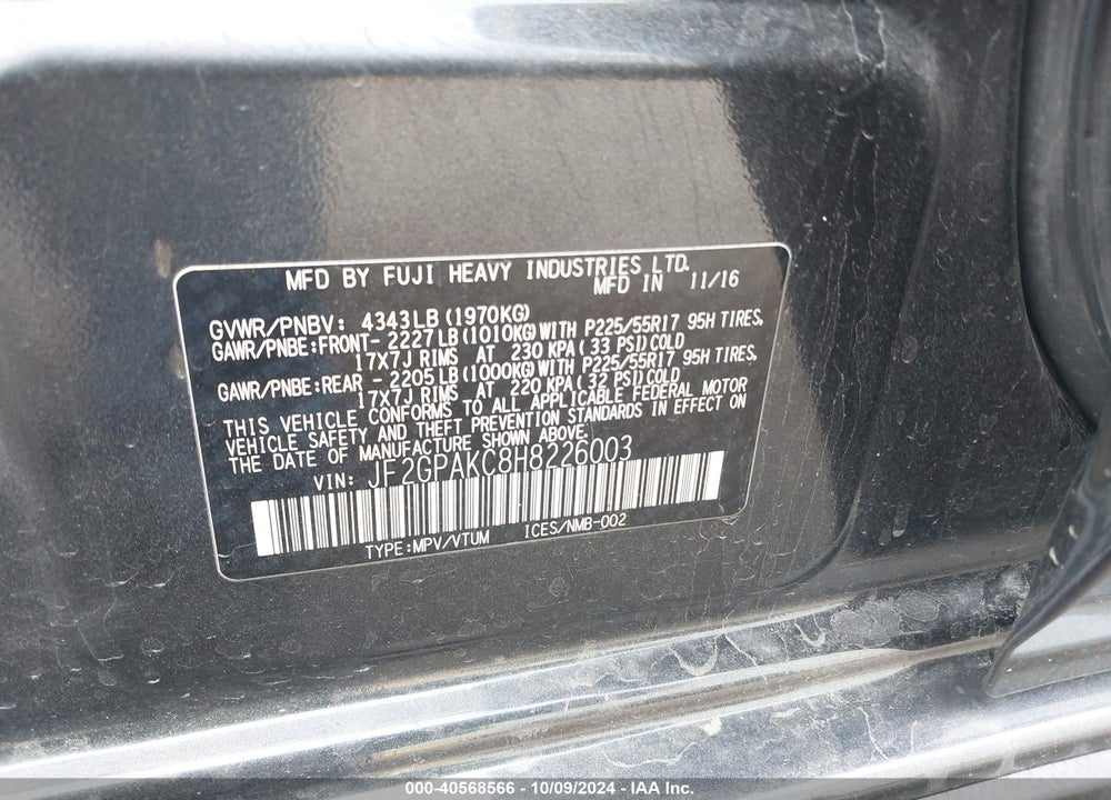 2017 SUBARU CROSSTREK 2.0I LIMITED VIN: JF2GPAKC8H8226003