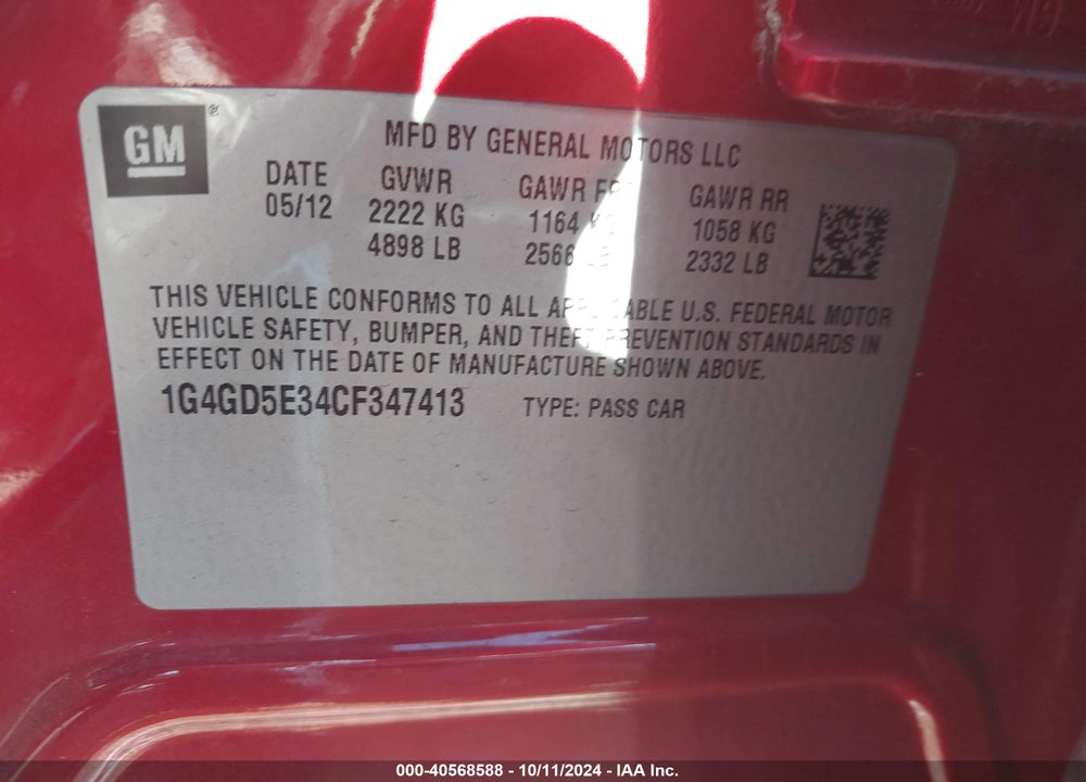 2012 BUICK LACROSSE PREMIUM 1 GROUP VIN: 1G4GD5E34CF347413