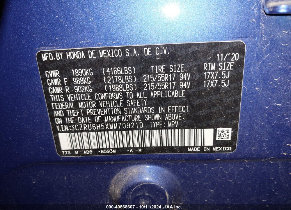 2021 HONDA HR-V AWD EX VIN: 3CZRU6H5XMM709210