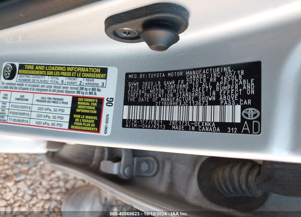 2018 TOYOTA COROLLA LE VIN: 2T1BURHEXJC113673