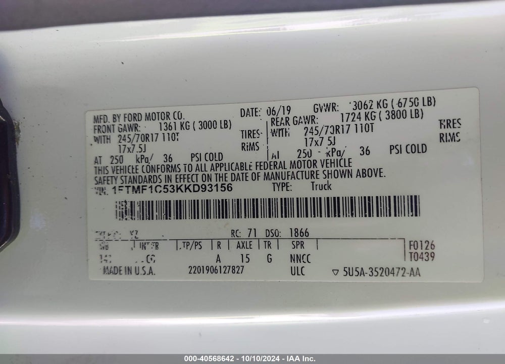 2019 FORD F-150 XL VIN: 1FTMF1C53KKD93156