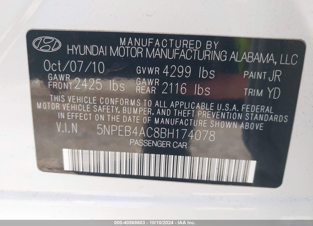 2011 HYUNDAI SONATA GLS VIN: 5NPEB4AC8BH174078