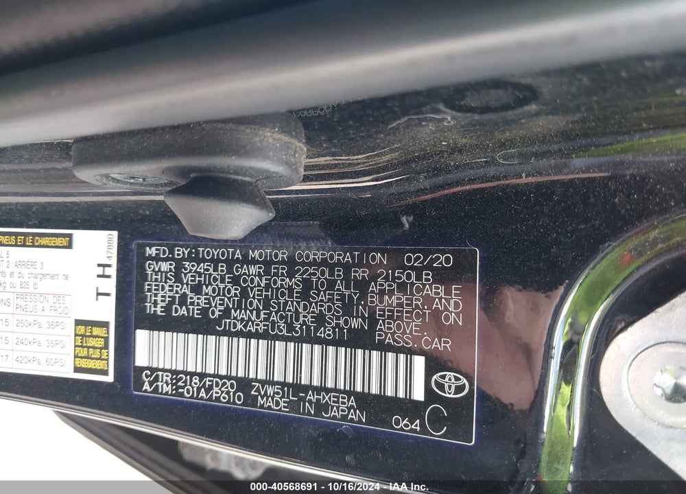 2020 TOYOTA PRIUS LE VIN: JTDKARFU3L3114811