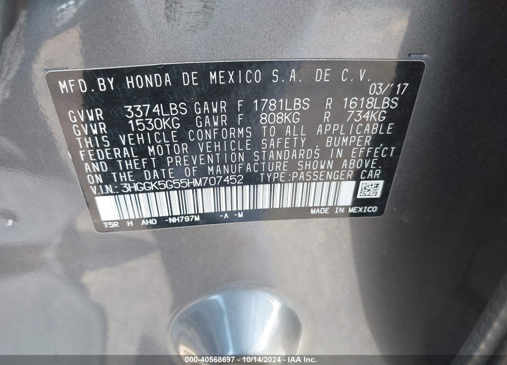 2017 HONDA FIT LX VIN: 3HGGK5G55HM707452