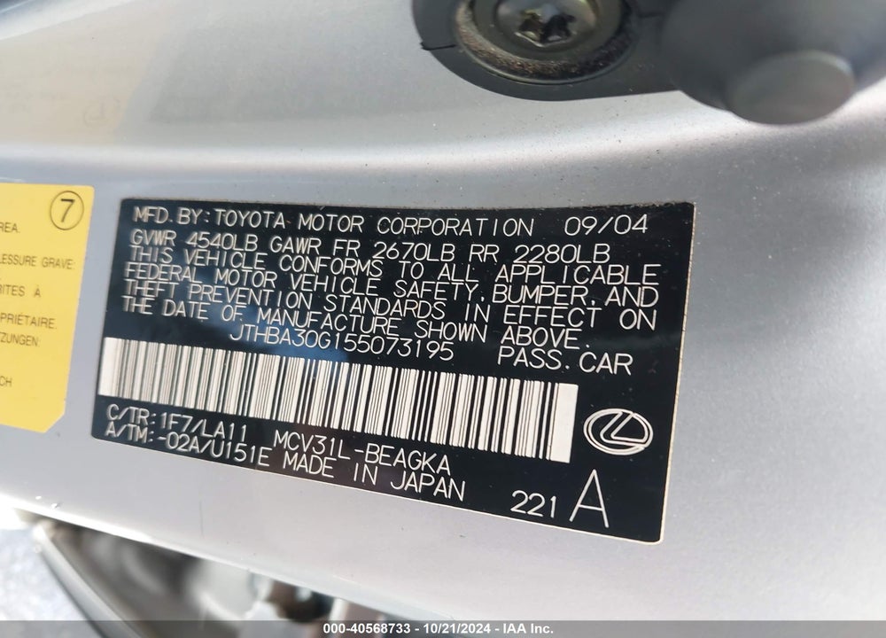 2005 LEXUS ES 330 VIN: JTHBA30G155073195