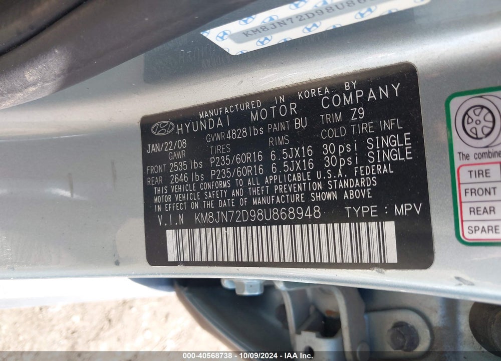 2008 HYUNDAI TUCSON LIMITED V6/SE VIN: KM8JN72D98U868948