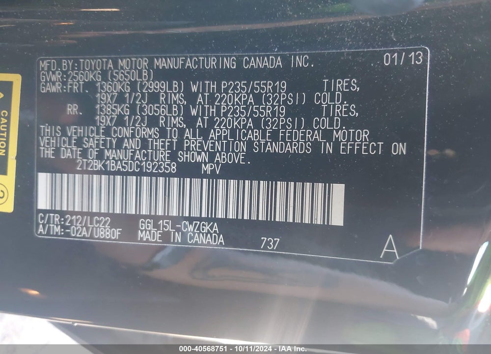 2013 LEXUS RX 350 F-SPORT VIN: 2T2BK1BA5DC192358