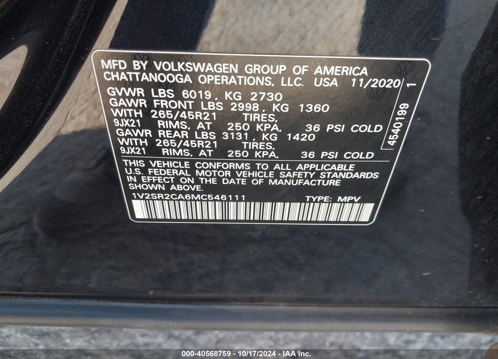 2021 VOLKSWAGEN ATLAS 3.6L V6 SEL R-LINE VIN: 1V2SR2CA6MC546111