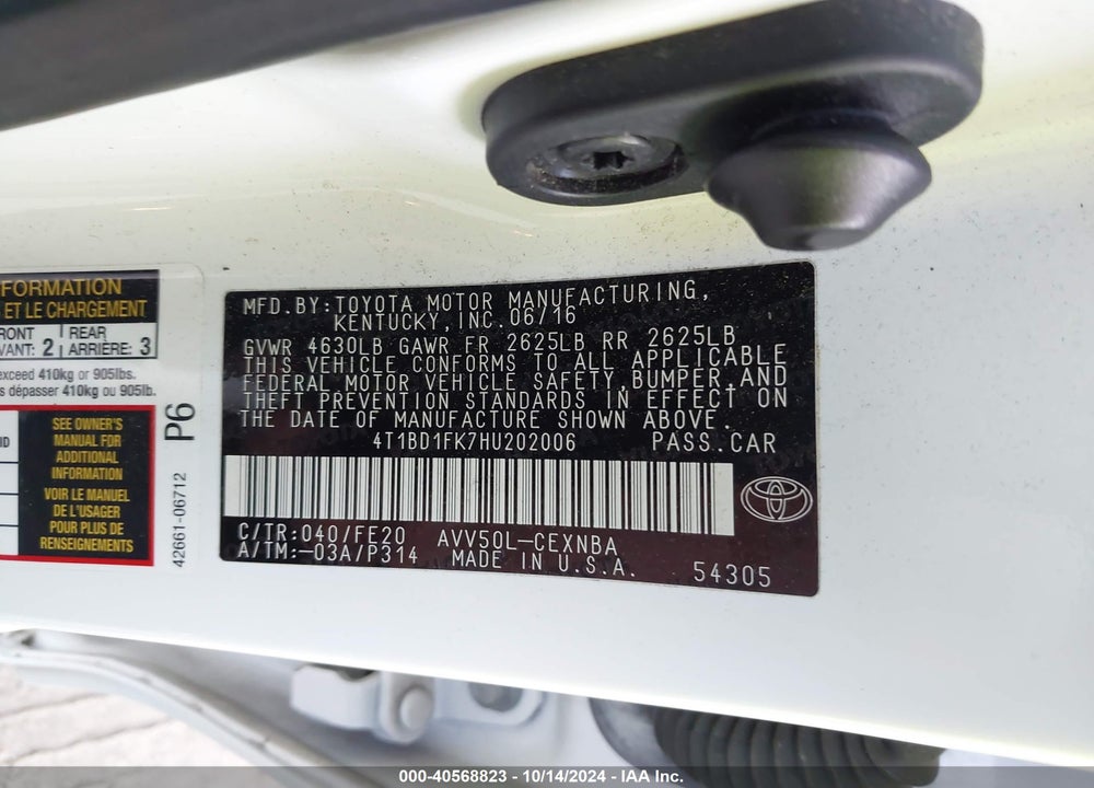2017 TOYOTA CAMRY HYBRID LE VIN: 4T1BD1FK7HU202006