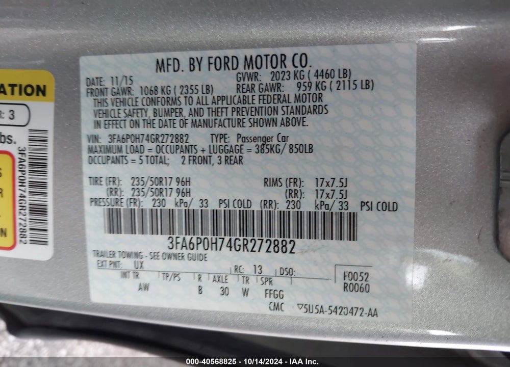 2016 FORD FUSION SE VIN: 3FA6P0H74GR272882
