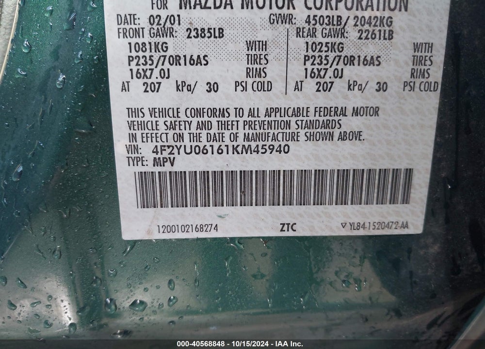 2001 MAZDA TRIBUTE DX VIN: 4F2YU06161KM45940