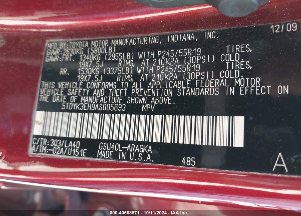 2010 TOYOTA HIGHLANDER LIMITED VIN: 5TDYK3EH9AS005693