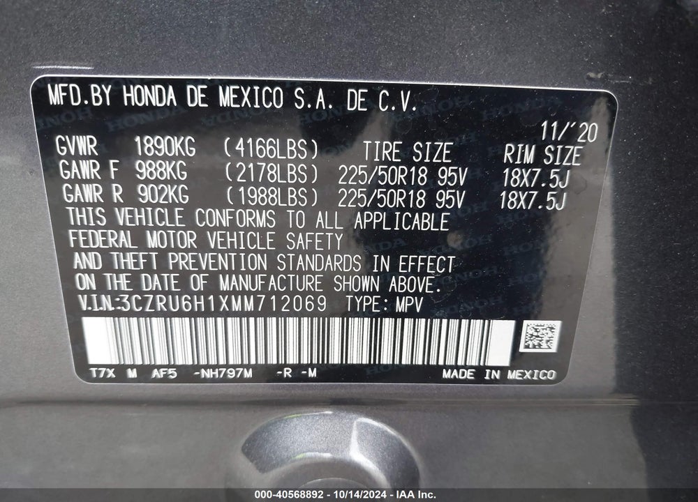 2021 HONDA HR-V AWD SPORT VIN: 3CZRU6H1XMM712069