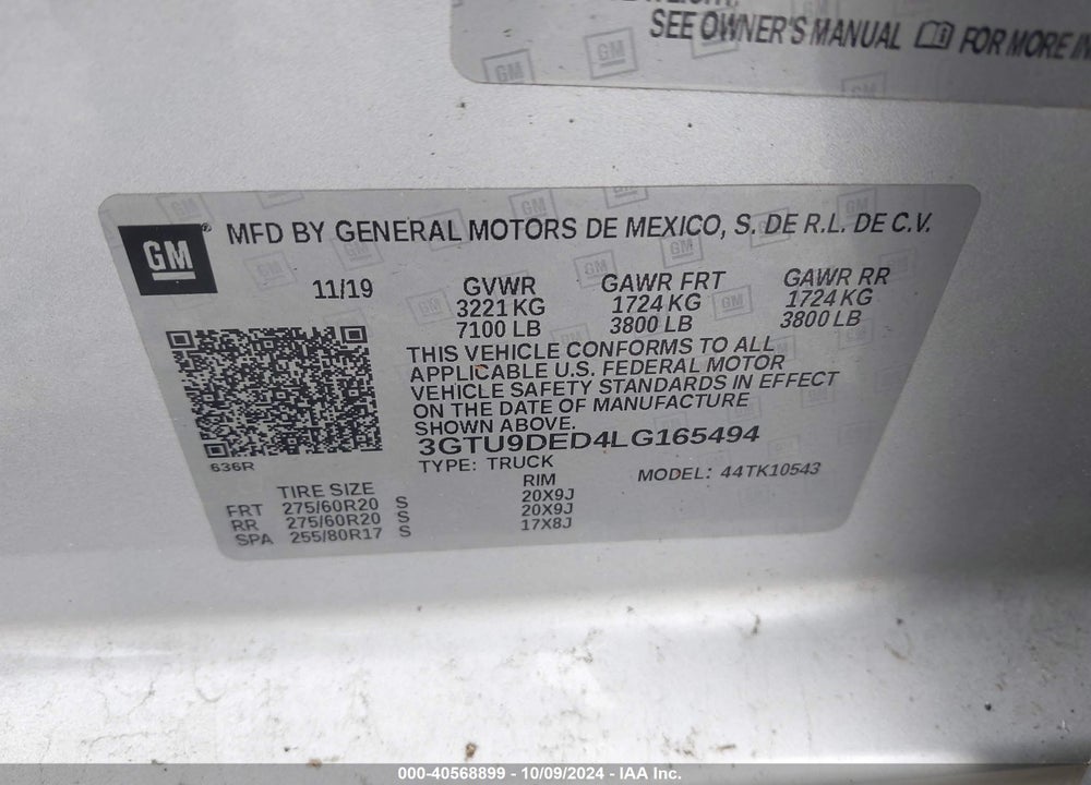 2020 GMC SIERRA 1500 4WD SHORT BOX SLT VIN: 3GTU9DED4LG165494