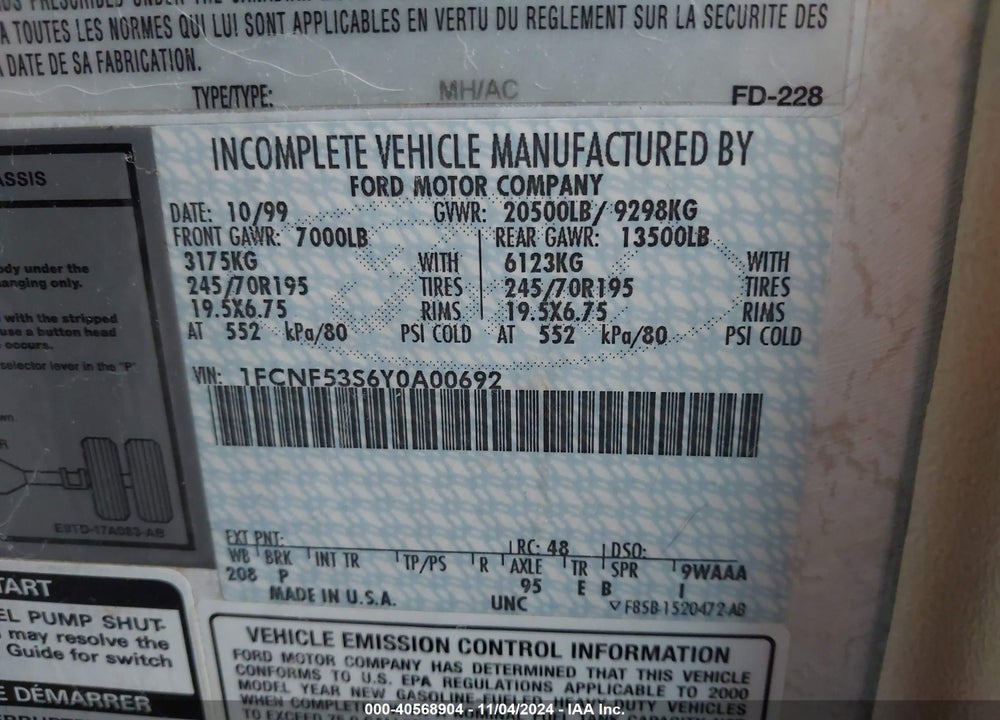 2000 FORD F550 SUPER DUTY STRIPPED CHASS VIN: 1FCNF53S6Y0A00692