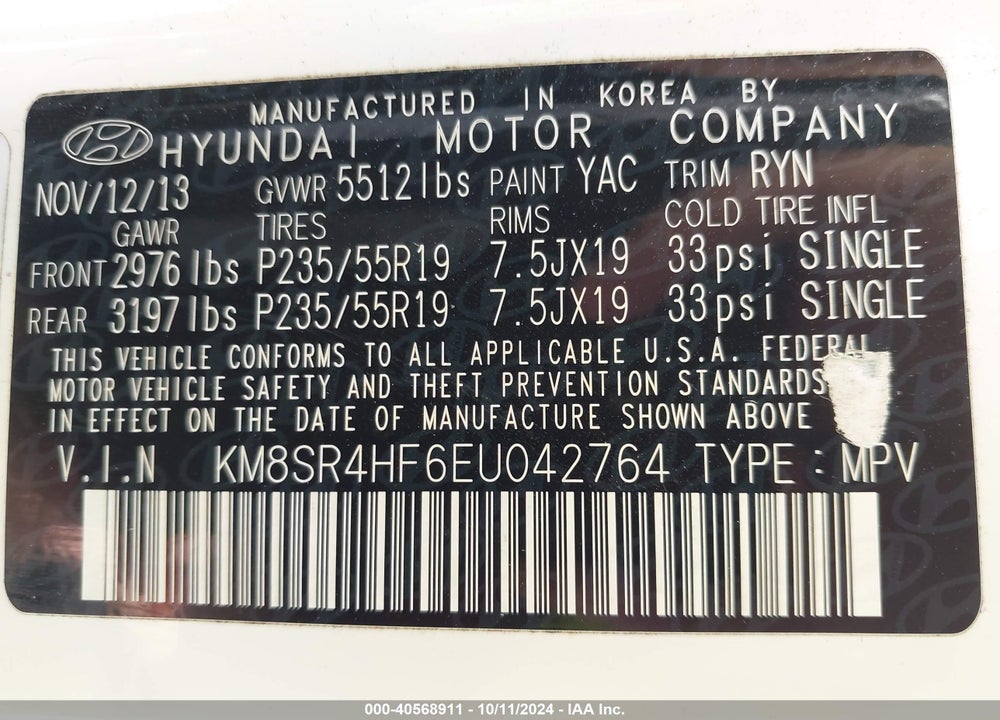 2014 HYUNDAI SANTA FE LIMITED VIN: KM8SR4HF6EU042764