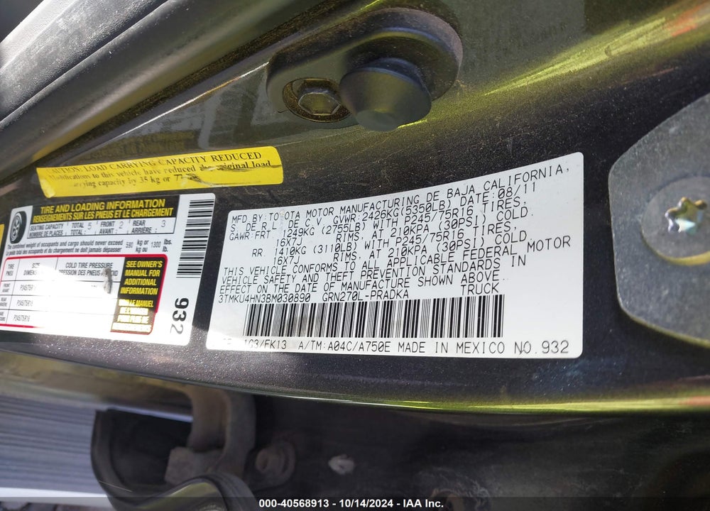 2011 TOYOTA TACOMA DBL CAB PRERUNNER LNG BED VIN: 3TMKU4HN3BM030890