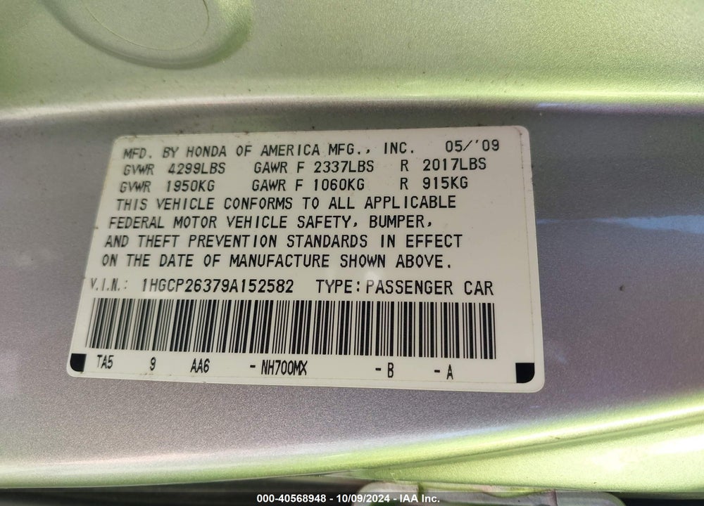 2009 HONDA ACCORD 2.4 LX VIN: 1HGCP26379A152582