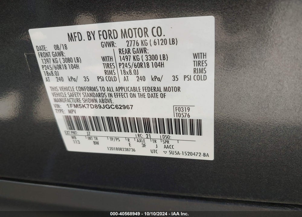 2018 FORD EXPLORER XLT VIN: 1FM5K7D89JGC62967