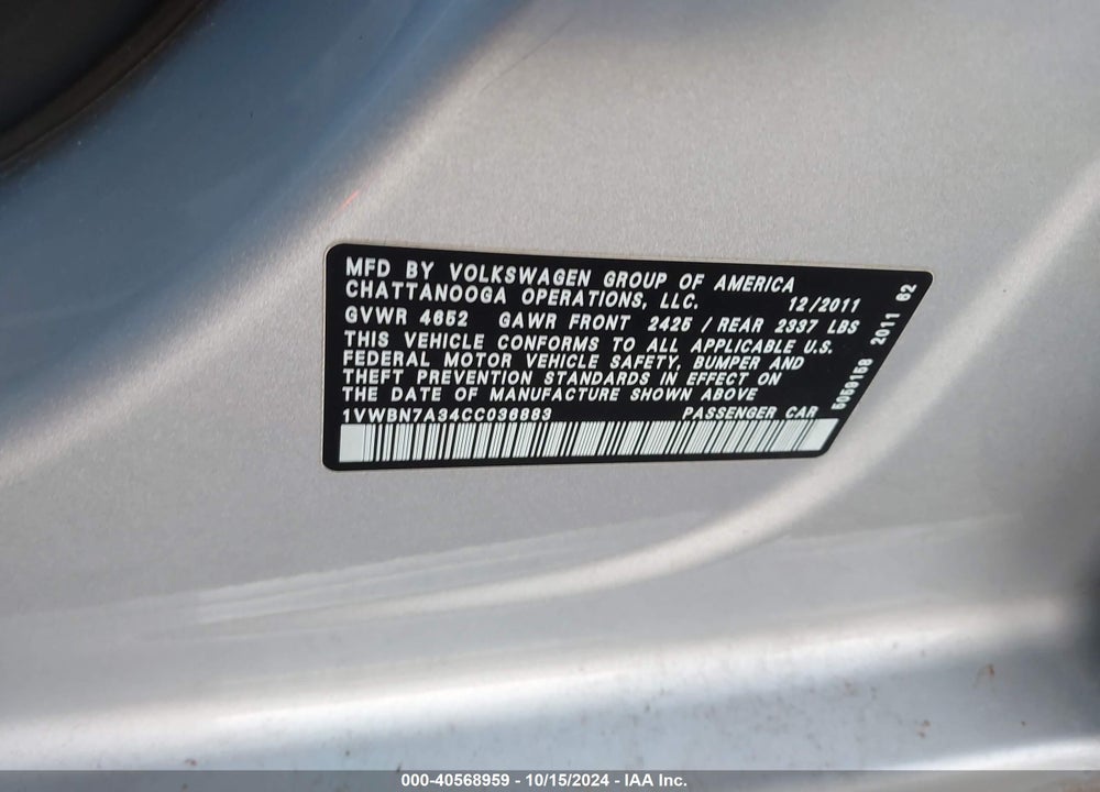 2012 VOLKSWAGEN PASSAT 2.0L TDI SE VIN: 1VWBN7A34CC036883