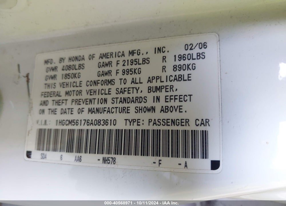 2006 HONDA ACCORD 2.4 VP VIN: 1HGCM56176A083610