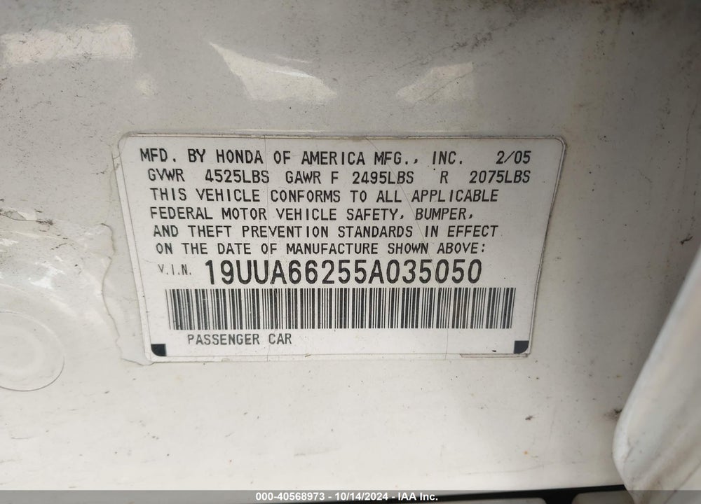 2005 ACURA TL VIN: 19UUA66255A035050