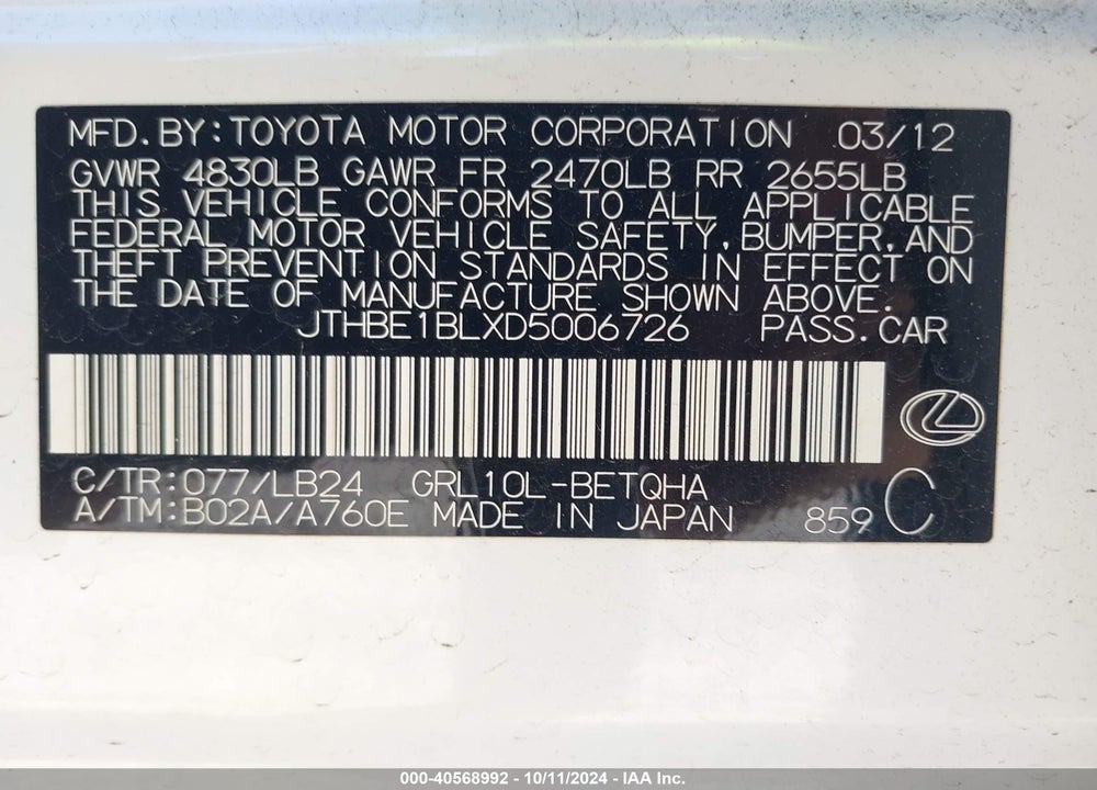 2013 LEXUS GS 350 VIN: JTHBE1BLXD5006726