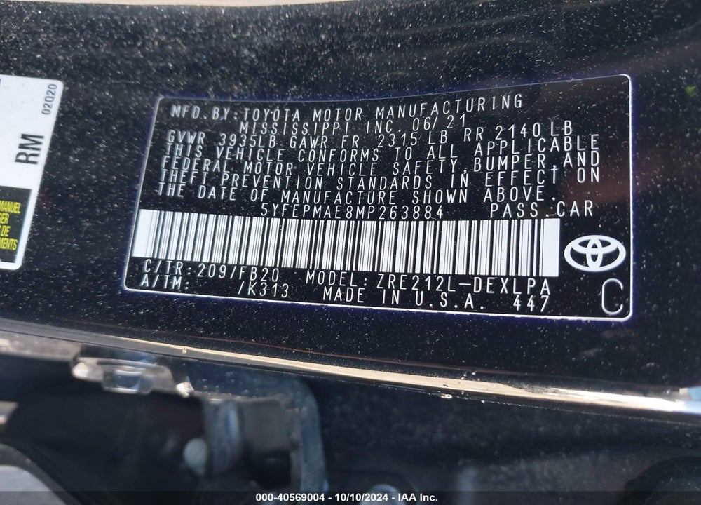 2021 TOYOTA COROLLA LE VIN: 5YFEPMAE8MP263884