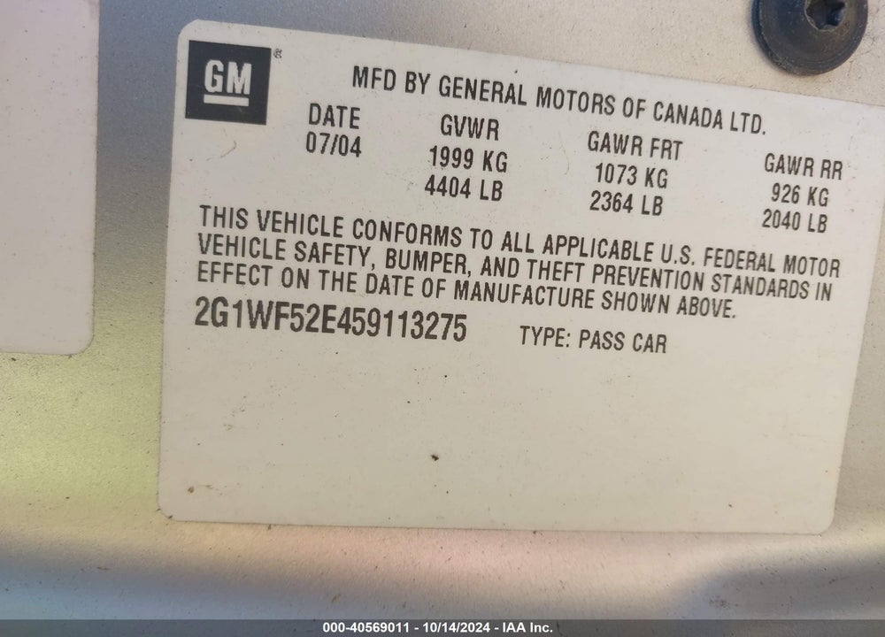 2005 CHEVROLET IMPALA VIN: 2G1WF52E459113275