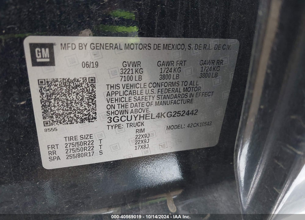 2019 CHEVROLET SILVERADO 1500 HIGH COUNTRY VIN: 3GCUYHEL4KG252442
