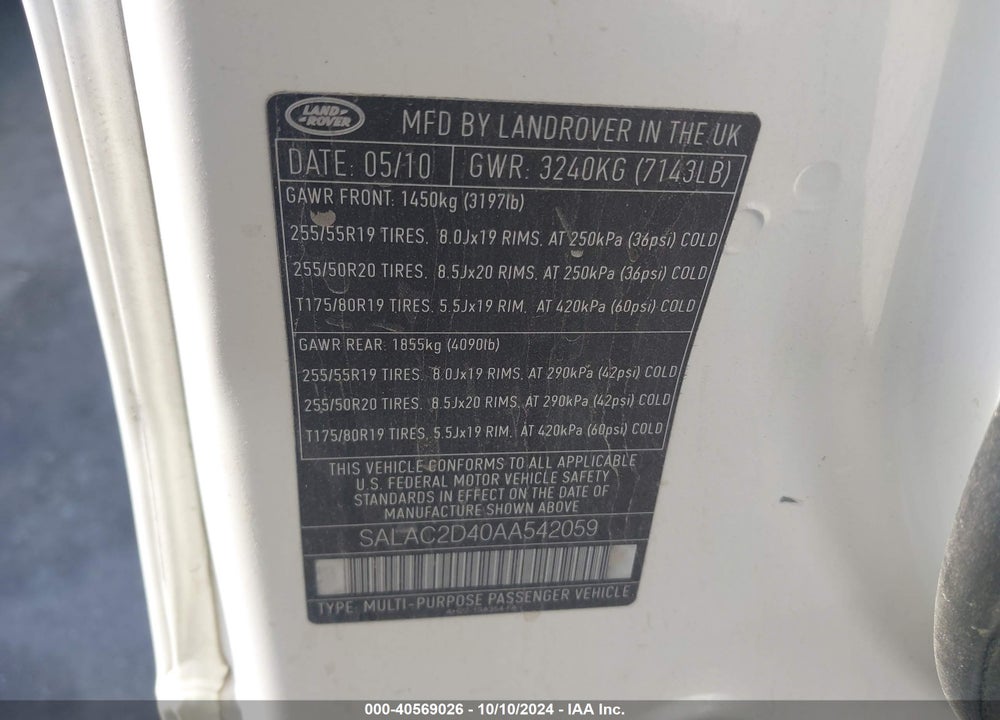 2010 LAND ROVER LR4 VIN: SALAC2D40AA542059