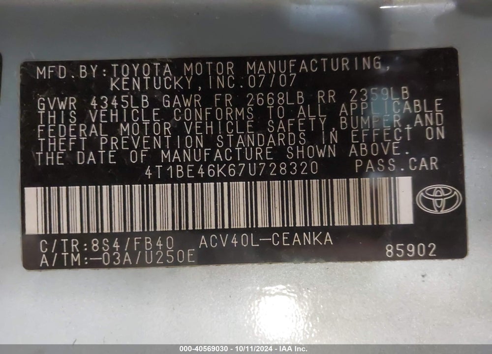 2007 TOYOTA CAMRY LE VIN: 4T1BE46K67U728320