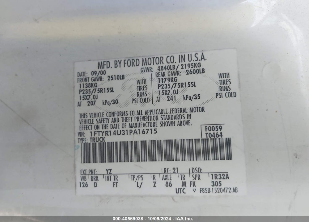 2001 FORD RANGER EDGE/XL/XLT VIN: 1FTYR14U31PA16715