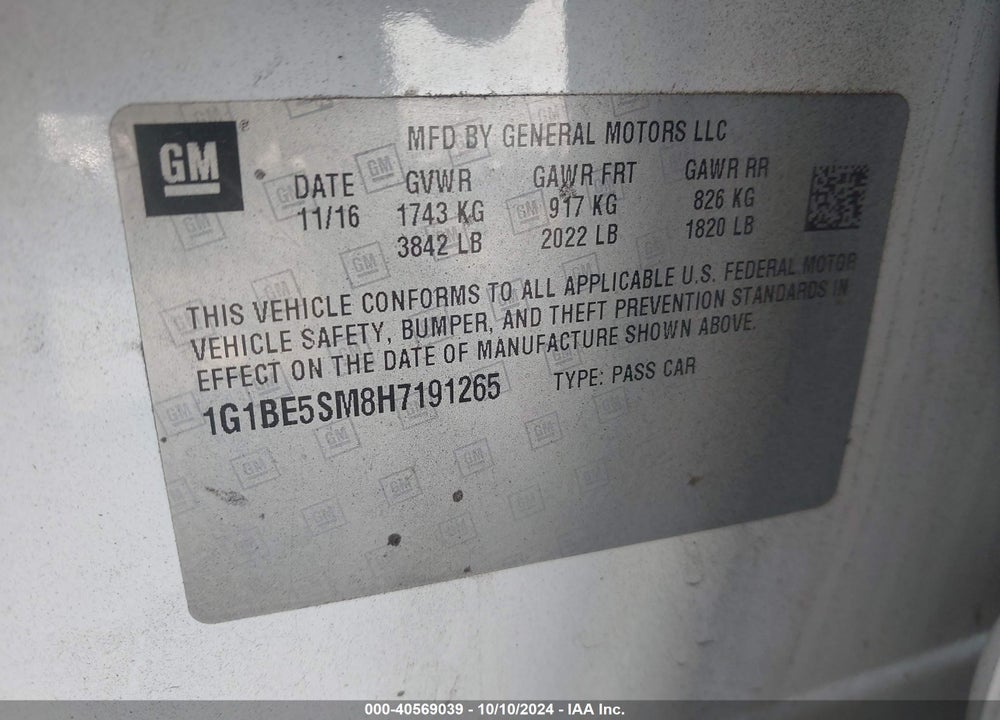 2017 CHEVROLET CRUZE LT AUTO VIN: 1G1BE5SM8H7191265