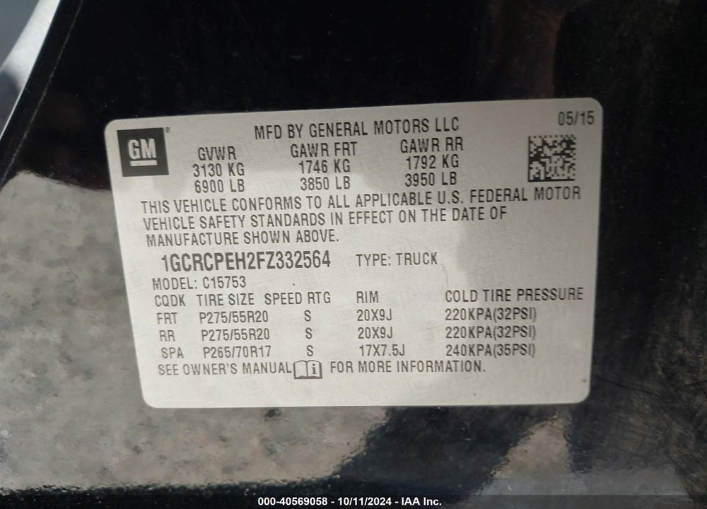 2015 CHEVROLET SILVERADO 1500 WT VIN: 1GCRCPEH2FZ332564