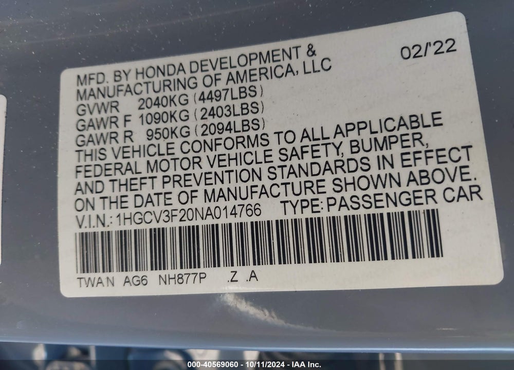 2022 HONDA ACCORD HYBRID SPORT VIN: 1HGCV3F20NA014766