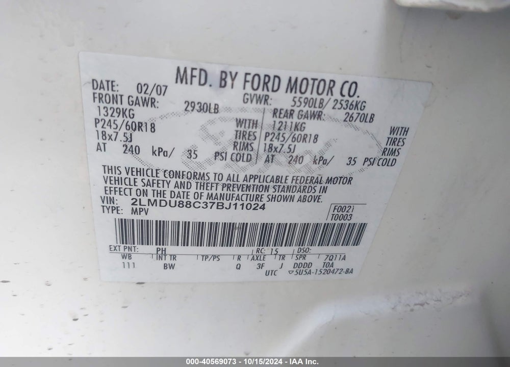 2007 LINCOLN MKX VIN: 2LMDU88C37BJ11024