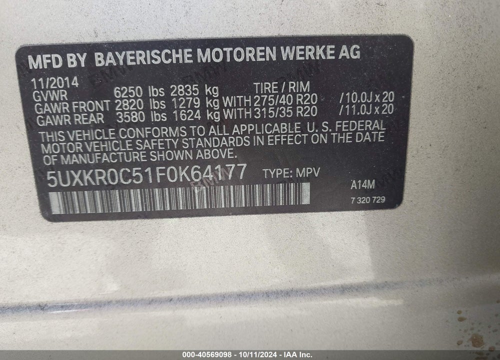 2015 BMW X5 XDRIVE35I VIN: 5UXKR0C51F0K64177