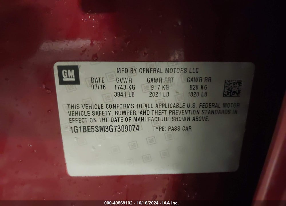 2016 CHEVROLET CRUZE LT AUTO VIN: 1G1BE5SM3G7309074