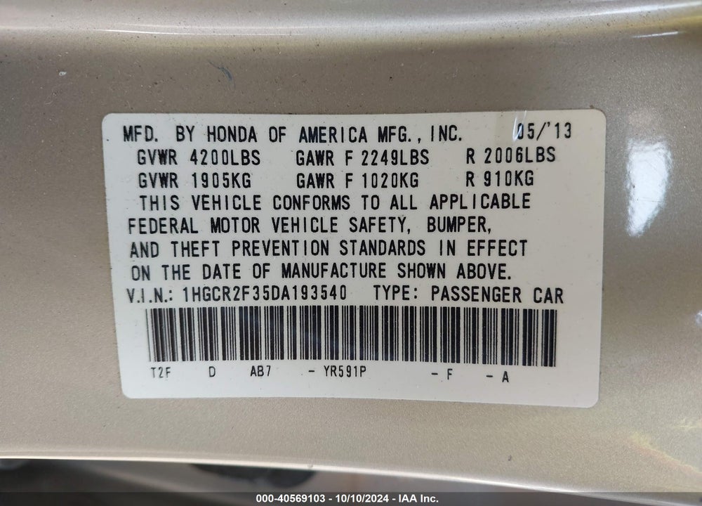 2013 HONDA ACCORD LX VIN: 1HGCR2F35DA193540