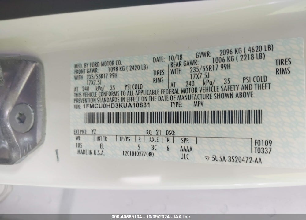 2019 FORD ESCAPE SEL VIN: 1FMCU0HD3KUA10831