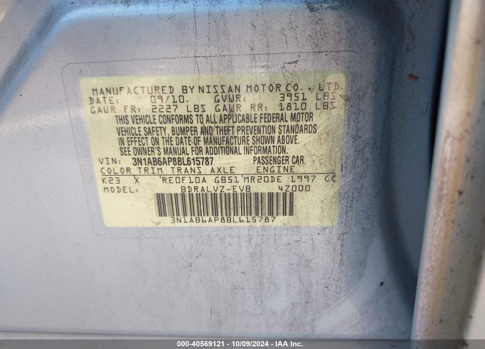 2011 NISSAN SENTRA 2.0SL VIN: 3N1AB6AP8BL615787