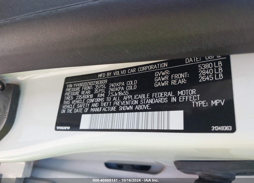 2013 VOLVO XC60 T6 VIN: YV4902DZXD2383609