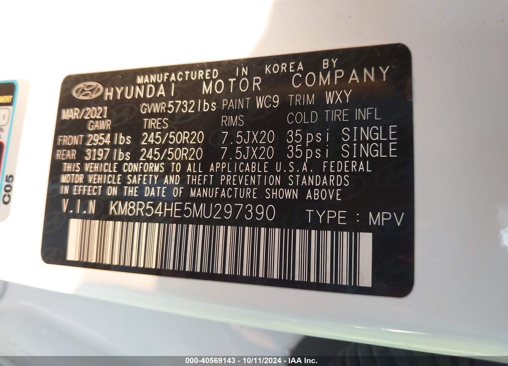 2021 HYUNDAI PALISADE LIMITED VIN: KM8R54HE5MU297390